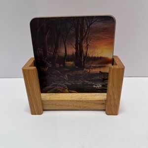 Terry Redlin 6 Piece Coaster Set Nature Deer Theme Wooden Holder